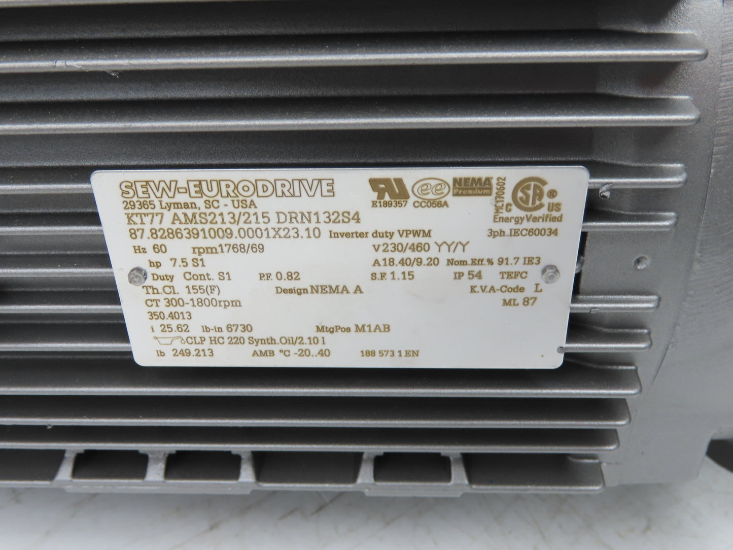 Sew Eurodrive KT77 AMS213/215 DRN132S4 25.6:1 Gearmotor 7.5Hp 230/460V 3PH 69rpm