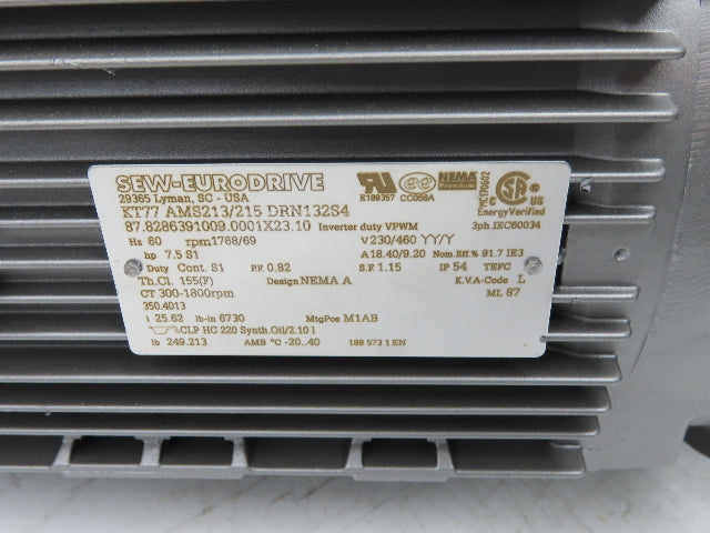 Sew Eurodrive KT77 AMS213/215 DRN132S4 25.6:1 Gearmotor 7.5Hp 230/460V 3PH 69rpm