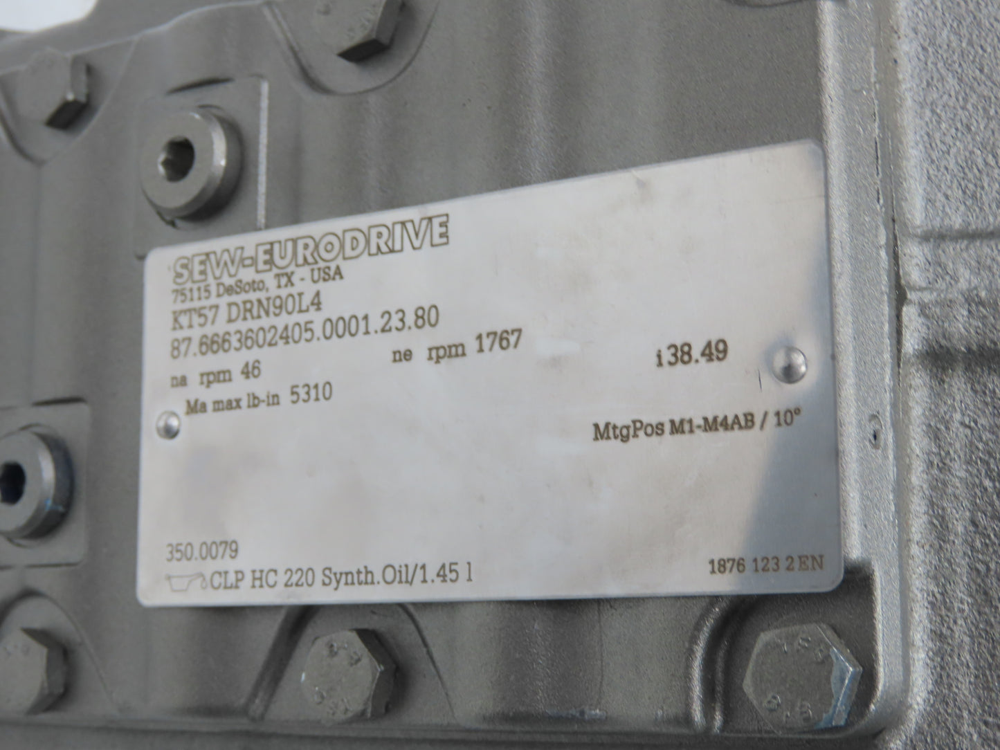 Sew Eurodrive KT57 DRN90L4 38.49 Gearmotor Drive 2Hp 230/460V 3PH 46rpm