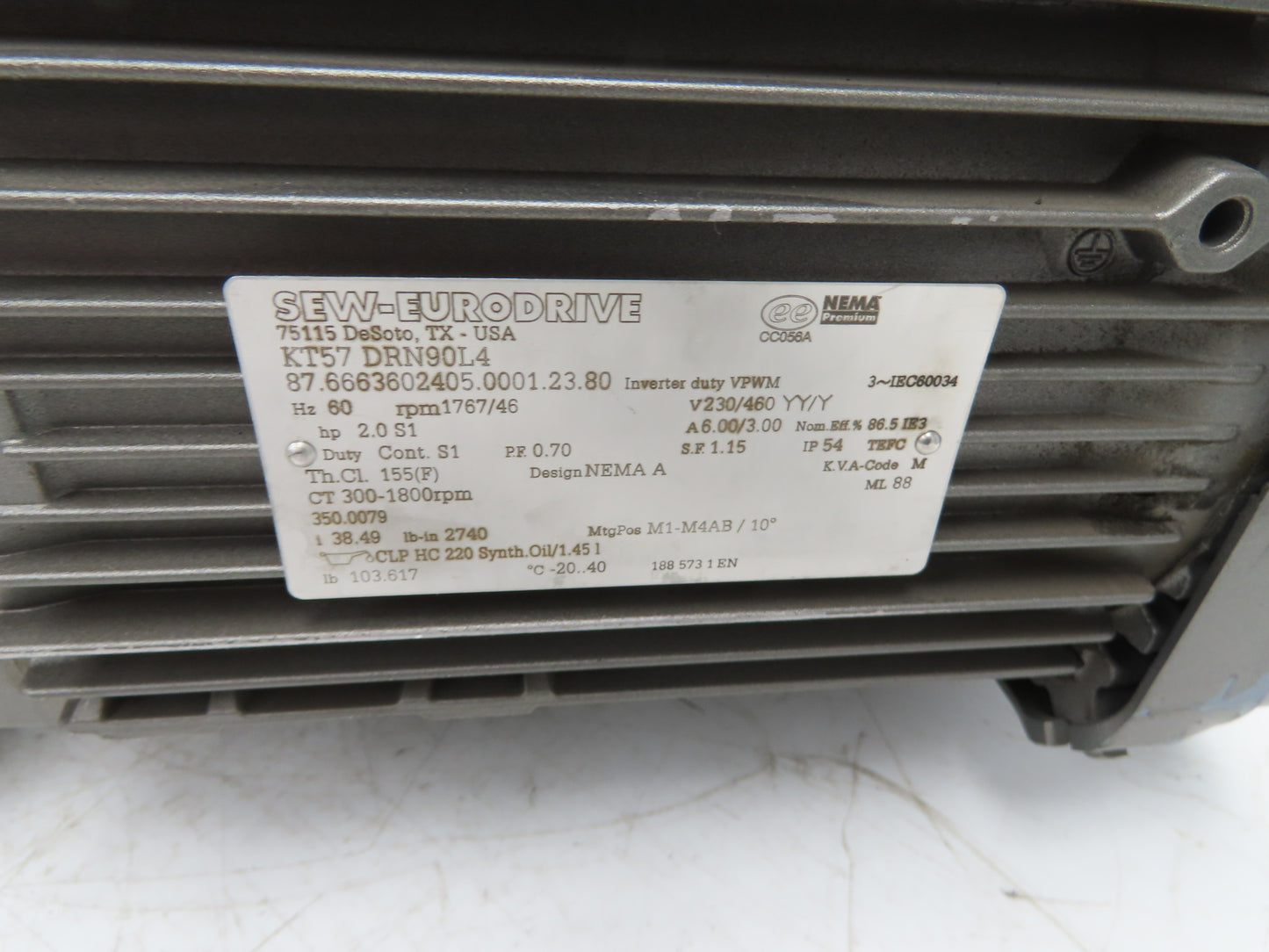 Sew Eurodrive KT57 DRN90L4 38.49 Gearmotor Drive 2Hp 230/460V 3PH 46rpm