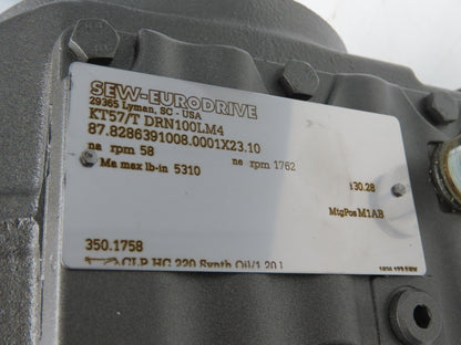 Sew Eurodrive KT57 DRN100LM4 30.28 Gearmotor Drive 3Hp 230/460V 3PH 58rpm