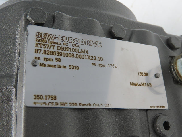 Sew Eurodrive KT57 DRN100LM4 30.28 Gearmotor Drive 3Hp 230/460V 3PH 58rpm