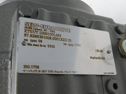 Sew Eurodrive KT57 DRN100LM4 30.28 Gearmotor Drive 3Hp 230/460V 3PH 58rpm