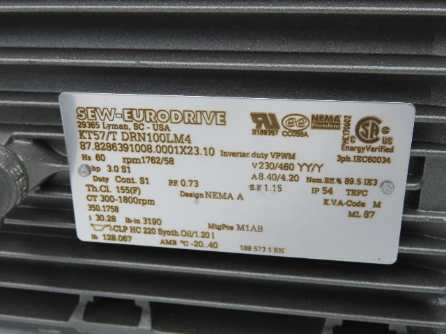 Sew Eurodrive KT57 DRN100LM4 30.28 Gearmotor Drive 3Hp 230/460V 3PH 58rpm