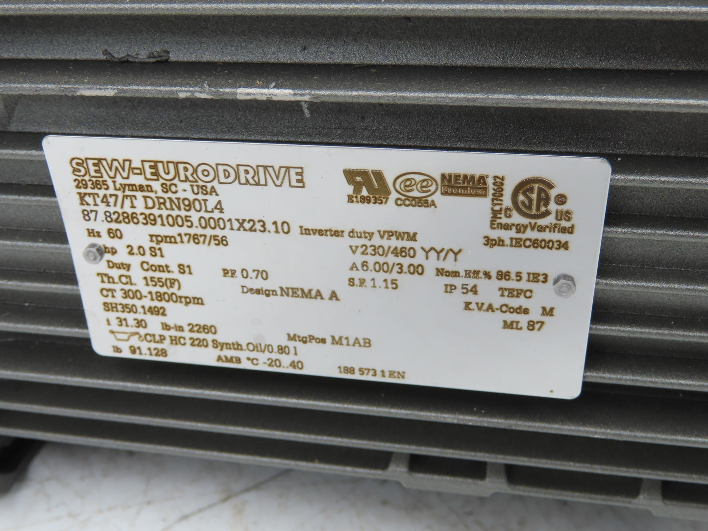 Sew Eurodrive KT47/T DRN90L4 31.30 Gearmotor Drive 2Hp 230/460V 3PH 56rpm