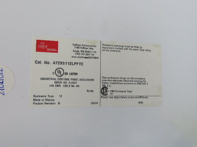 Hoffman A72X6112LPFTC Freestanding Electrical Enclosure 72x61x12" Dual Door