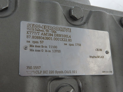 Sew Eurodrive KT77/T AM184 DRN100L4 30.89 Gearmotor Drive 5Hp 230/460V 3PH 57rpm