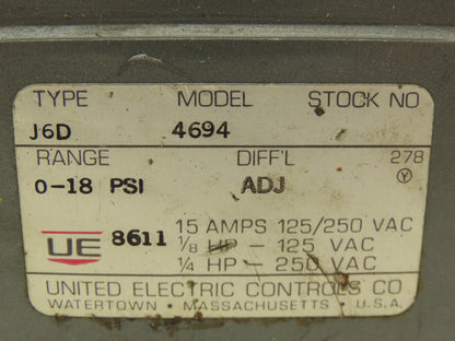 United Electric J6D 4694 Pressure Switch 18PSI 15A 125/250V Lot of 2