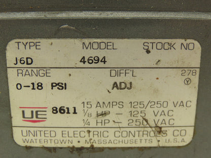 United Electric J6D 4694 Pressure Switch 18PSI 15A 125/250V Lot of 2