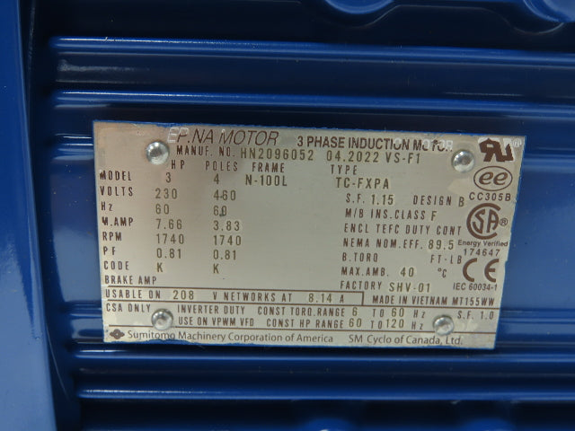 Sumitomo SM Cyclo CNHM3-6125YA-EP-51:1 Inline Gearmotor 3Hp 230/460V 3PH 34rpm