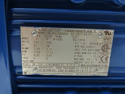 Sumitomo SM Cyclo CNHM3-6125YA-EP-51:1 Inline Gearmotor 3Hp 230/460V 3PH 34rpm