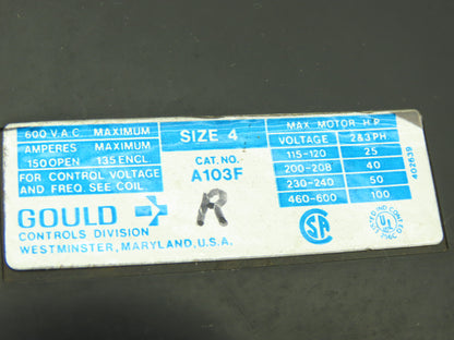 Gould A103F NEMA Size 4 Motor Starter Contactor 600V 135A Coil 120V