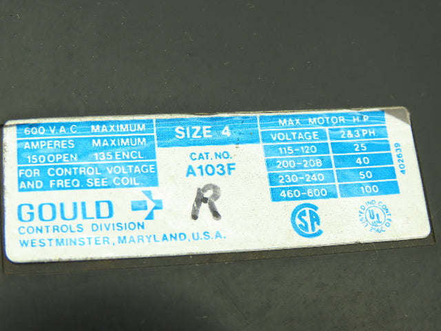 Gould A103F NEMA Size 4 Motor Starter Contactor 600V 135A Coil 120V
