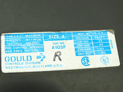 Gould A103F NEMA Size 4 Motor Starter Contactor 600V 135A Coil 120V
