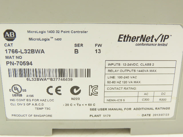 Allen Bradley 1766-L32BWA MicroLogix 1400 Controller Module 32 Point Ethernet