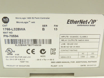 Allen Bradley 1766-L32BWA MicroLogix 1400 Controller Module 32 Point Ethernet