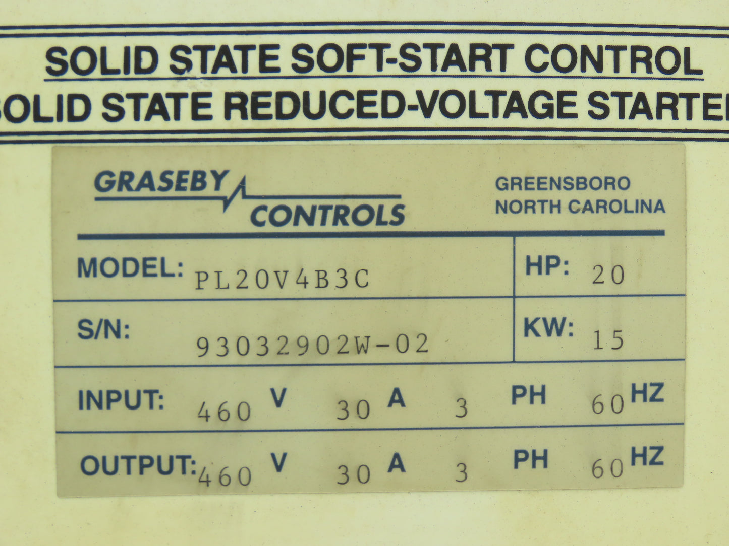 Graseby Controls PL20V4B3C Softron Soft Start Starter Controller 20Hp 460V