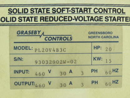 Graseby Controls PL20V4B3C Softron Soft Start Starter Controller 20Hp 460V