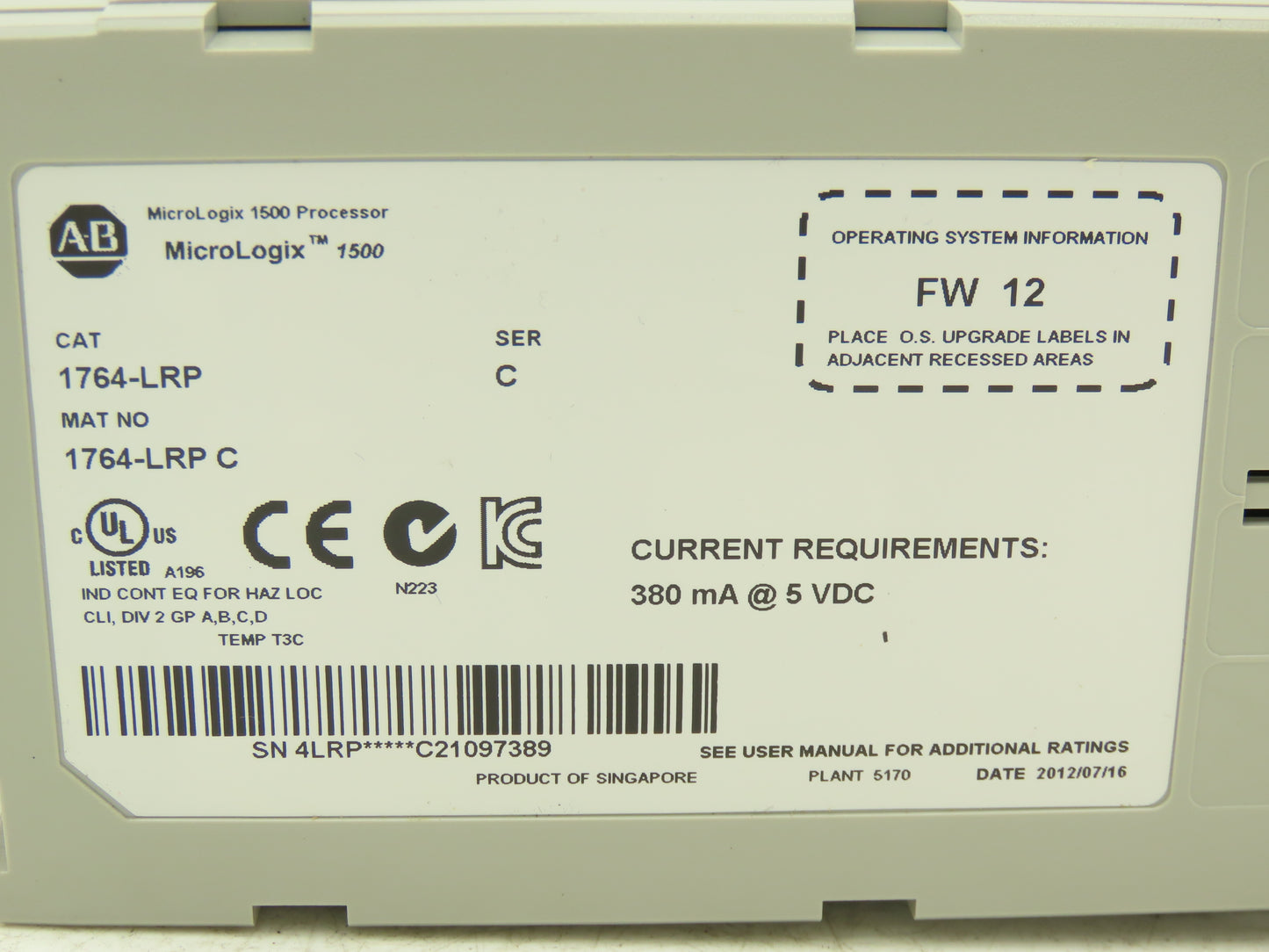 Allen Bradley 1764-LRP C MicroLogix 1500 Processor Unit Ser C FW 12