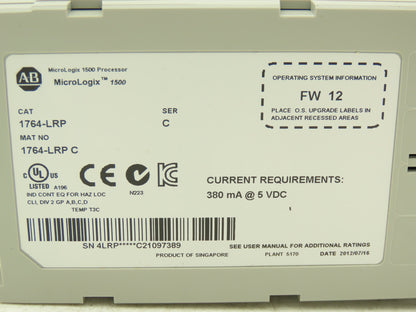 Allen Bradley 1764-LRP C MicroLogix 1500 Processor Unit Ser C FW 12