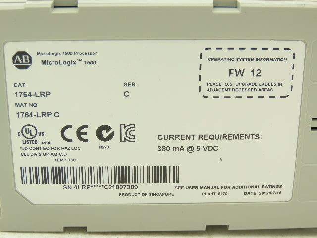 Allen Bradley 1764-LRP C MicroLogix 1500 Processor Unit Ser C FW 12