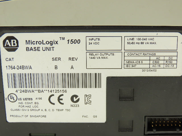 Allen Bradley 1764-24BWA MicroLogix 1500 Base 24 Point Controller Ser B Rev A