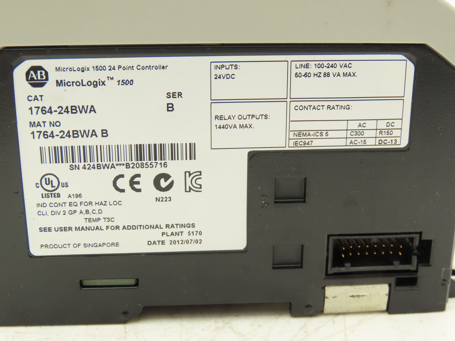 Allen Bradley 1764-24BWA MicroLogix 1500 Base 24 Point Controller Ser B Rev B