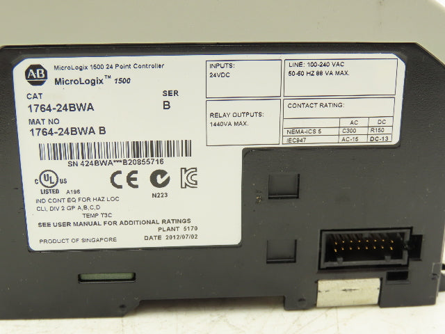 Allen Bradley 1764-24BWA MicroLogix 1500 Base 24 Point Controller Ser B Rev B