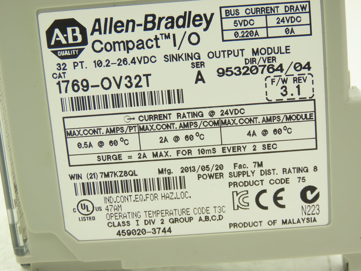 Allen Bradley 1769-OV32T MicroLogix Compact I/O Sinking Output 32 Pt Ser A