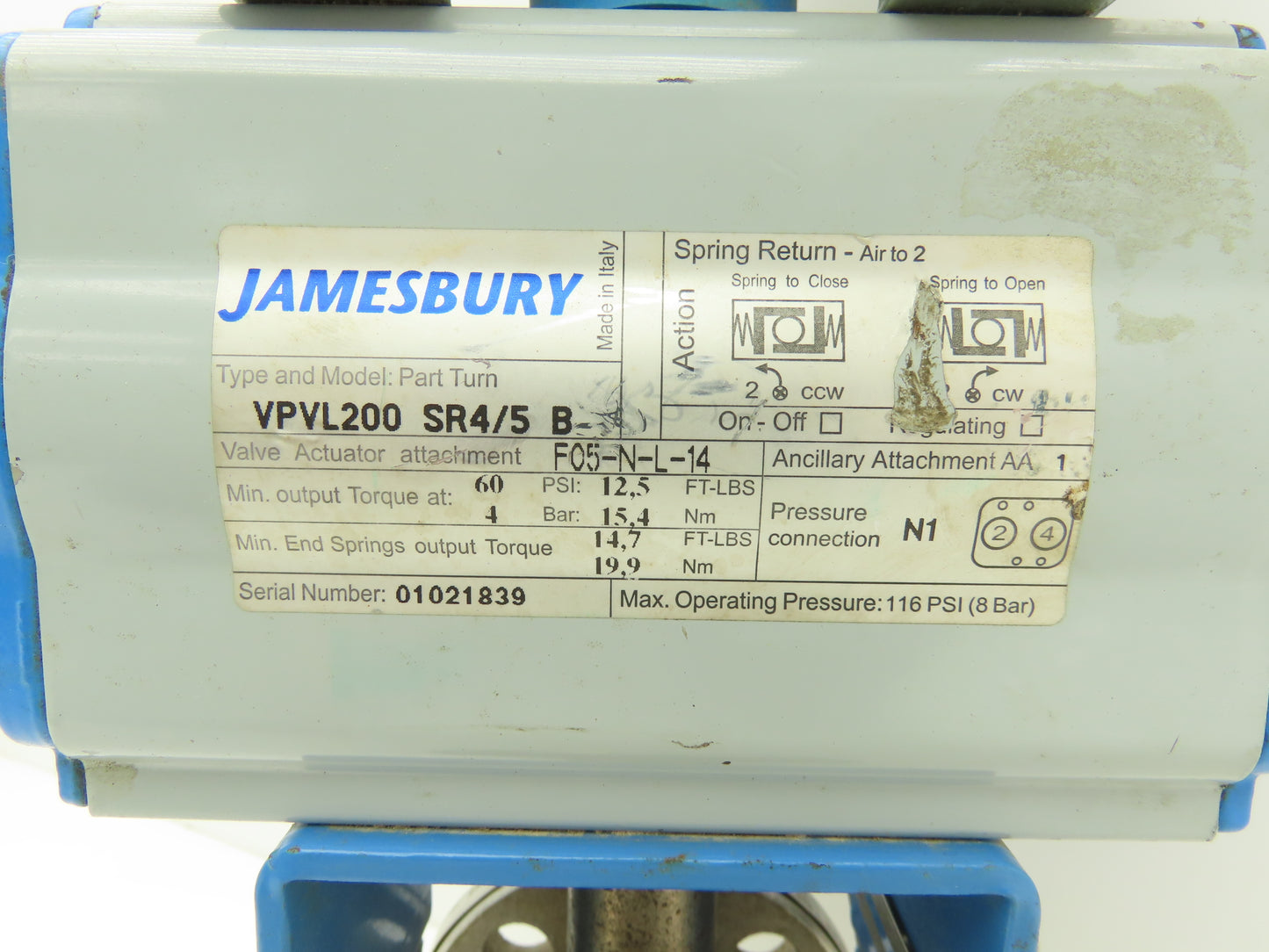 Jamesbury 1" 6150 316SS Ball Valve Flanged w/Pneumatic Actuator VPVL200 SR4/5 B