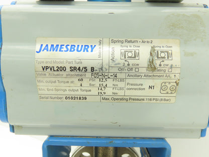 Jamesbury 1" 6150 316SS Ball Valve Flanged w/Pneumatic Actuator VPVL200 SR4/5 B