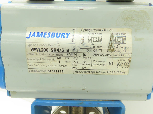 Jamesbury 1" 6150 316SS Ball Valve Flanged w/Pneumatic Actuator VPVL200 SR4/5 B