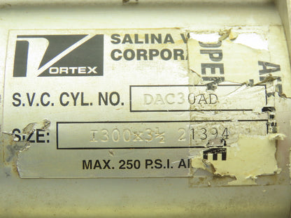 Vortex DAC30AD Pneumatic Air Cylinder 3" Bore 3.5" Stroke 250psi W/Gate Valve