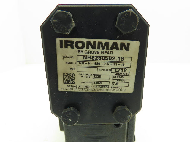 Grove Gear Ironman NH-H-826-7.5-H1-16 Gearbox 7.5 Ratio 5Hp 233rpm Hollow Shaft