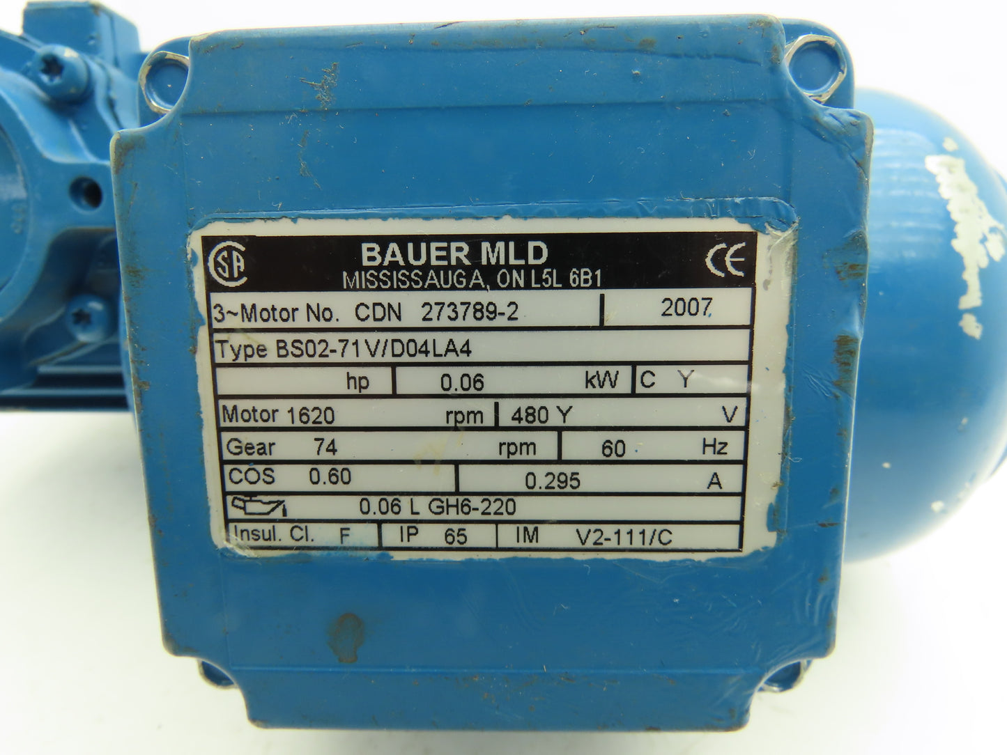 Bauer BS02-71V/D04LA4 Gearmotor 22:1 Ratio Reducer 1620/74rpm 480V 3PH
