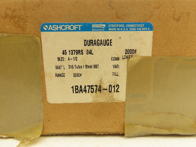 Ashcroft 451379RS Duragauge Pressure Gauge 4.5" Dial 1/2" NPT 2000PSI