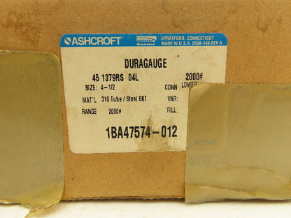 Ashcroft 451379RS Duragauge Pressure Gauge 4.5" Dial 1/2" NPT 2000PSI