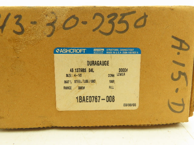 Ashcroft 451379BS Duragauge Pressure Gauge 4.5" Dial 1/2" NPT 3000PSI