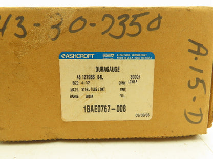 Ashcroft 451379BS Duragauge Pressure Gauge 4.5" Dial 1/2" NPT 3000PSI