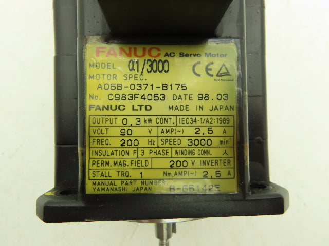 Fanuc A06B-0371-B175 AC Servo Motor .3kW 90v 3Ph 3000RPM Encoder A860-0360-T001
