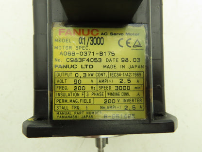 Fanuc A06B-0371-B175 AC Servo Motor .3kW 90v 3Ph 3000RPM Encoder A860-0360-T001