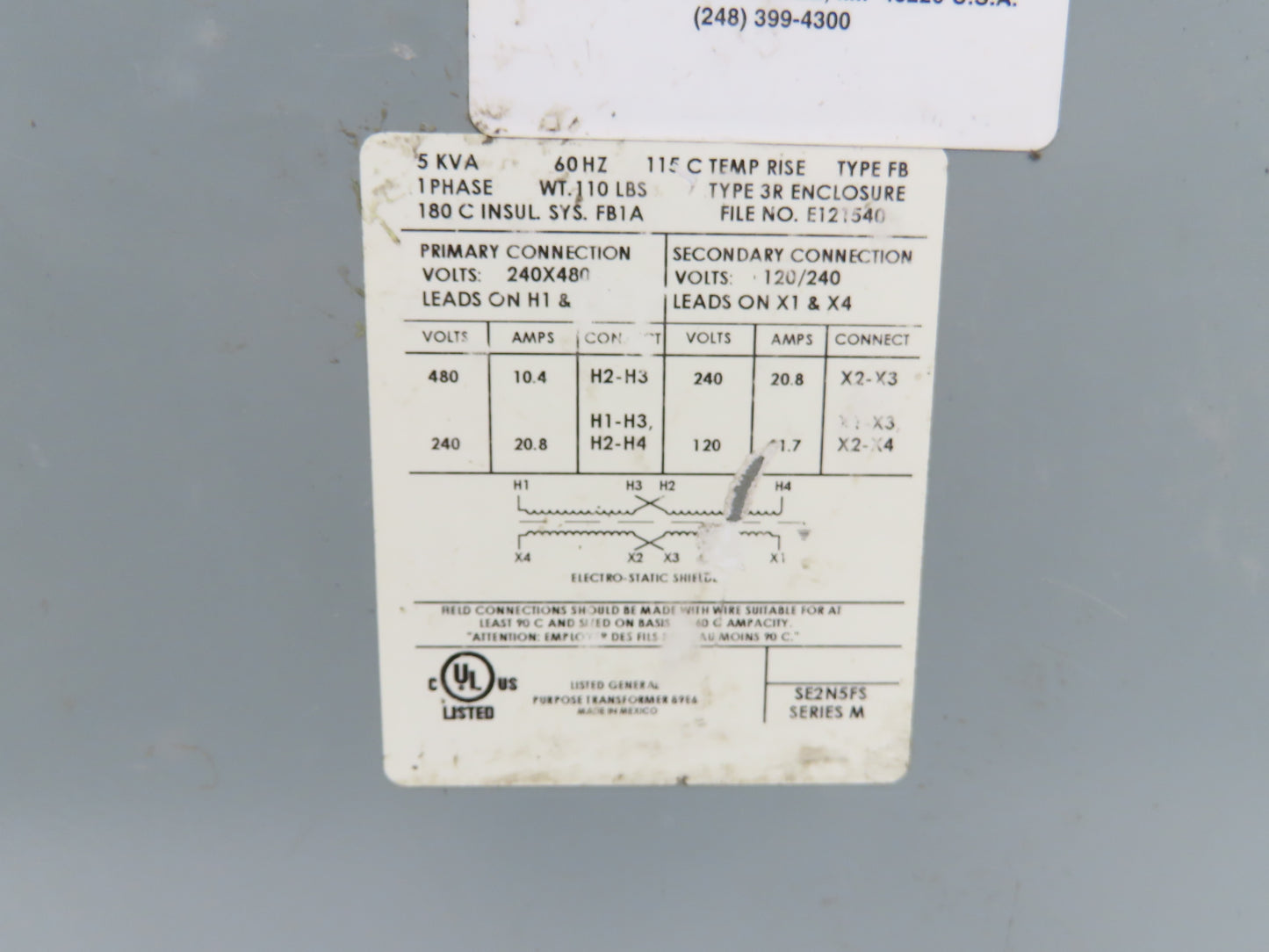 Federal Pacific SE2N5FS Power Transformer 5KVA 1PH HV 240/480 LV 120/240