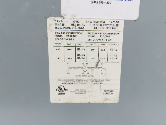 Federal Pacific SE2N5FS Power Transformer 5KVA 1PH HV 240/480 LV 120/240