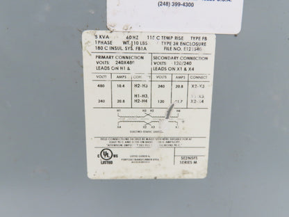 Federal Pacific SE2N5FS Power Transformer 5KVA 1PH HV 240/480 LV 120/240