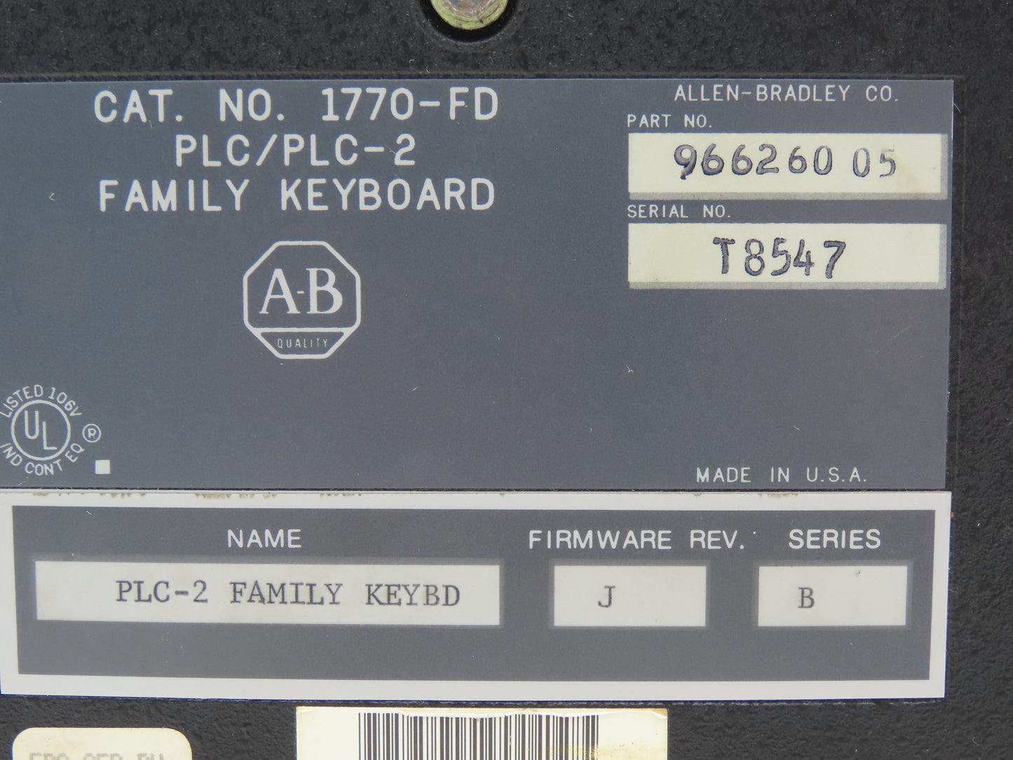 Allen Bradley 966260 05 HMI Family Keyboard Rev J Ser B 1770-FD PLC/PLC-2