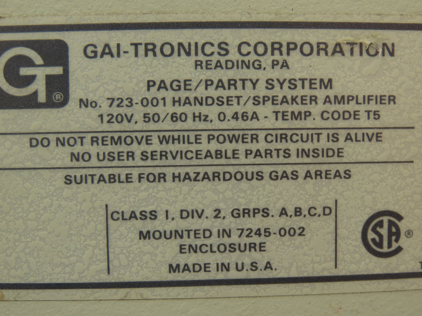 GAI-TRONICS 723-001 PA Intercom Handset/Speaker Amplifier 120V