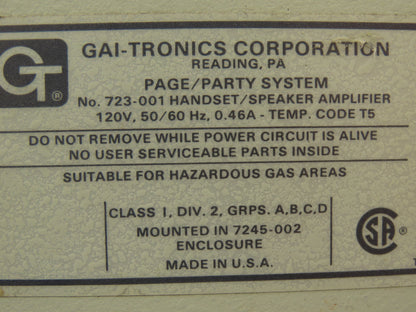 GAI-TRONICS 723-001 PA Intercom Handset/Speaker Amplifier 120V