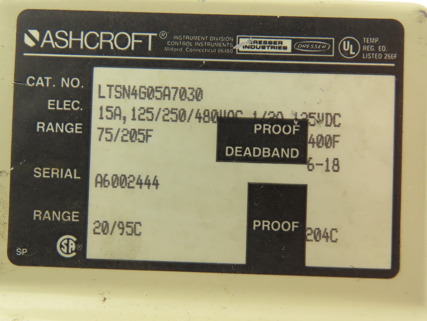 Ashcroft LTSN4G05A7030 Temperature Switch 125/250/480VAC 75-205°F