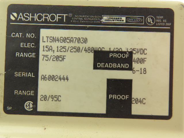 Ashcroft LTSN4G05A7030 Temperature Switch 125/250/480VAC 75-205°F