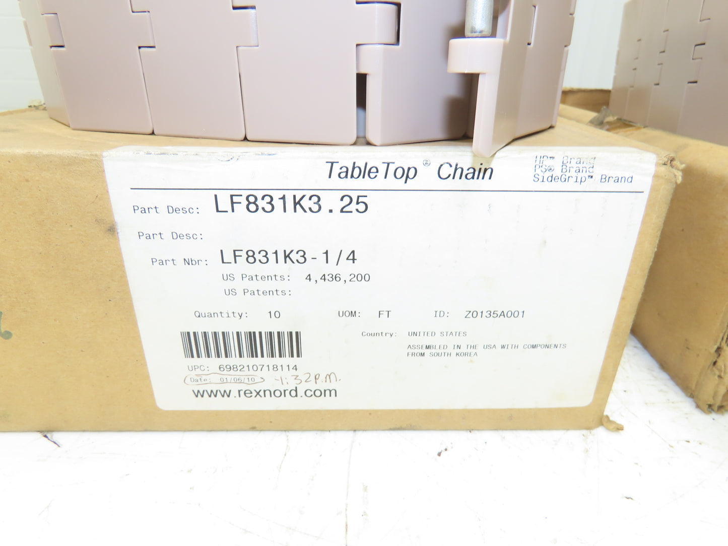Rexnord LF831K3.25 Straight TableTop Conveyor Chain  3-1/4"x 10'  Lot of 2